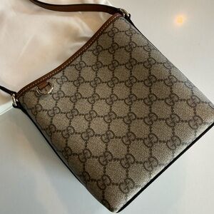 Gucci Emblem Nano Beige GG Supreme Canvas Bucket Bag with Brown Trim